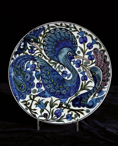 Charger with fantastic peacocks, leaves and fruit, painted by Charles Passenger, 1888-97 by William de Morgan